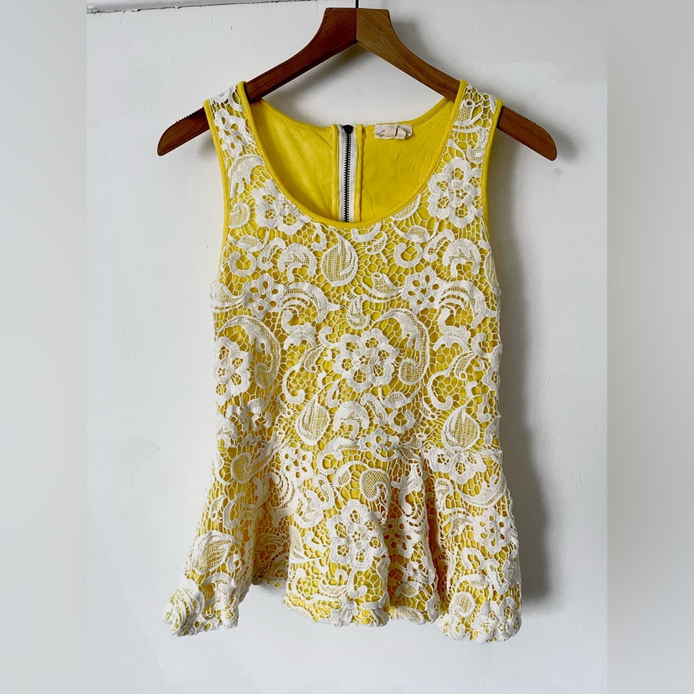 Meadow Rue Lemon Yellow Lace Sleeveless Peplum Top Whimsical Retro Easter Spring